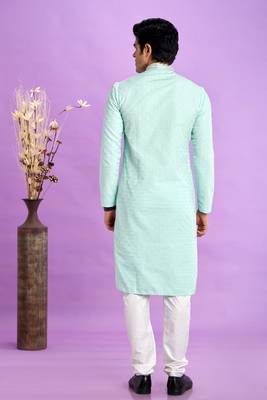 light teal green  jaqurtd art soft silk straight kurta churidar without lining fabric for men 4