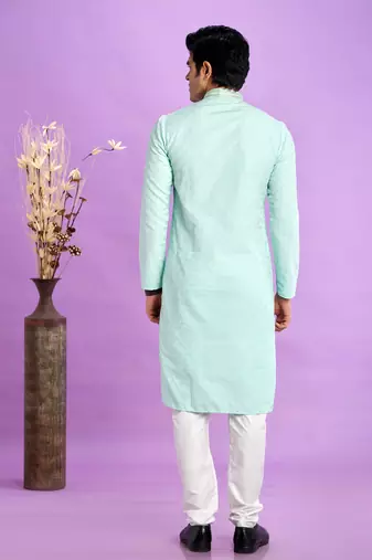 light teal green  jaqurtd art soft silk straight kurta churidar without lining fabric for men