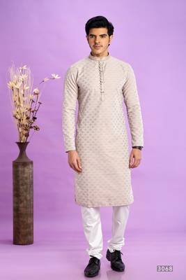 light grey jaqurtd art soft silk straight kurta churidar without lining fabric for men 1