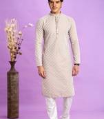light grey jaqurtd art soft silk straight kurta churidar without lining fabric for men
