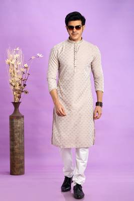 light grey jaqurtd art soft silk straight kurta churidar without lining fabric for men 2