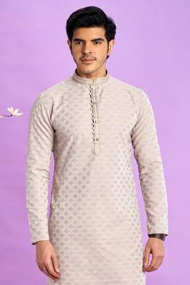 light grey jaqurtd art soft silk straight kurta churidar without lining fabric for men 3