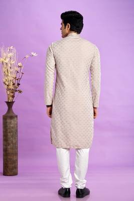 light grey jaqurtd art soft silk straight kurta churidar without lining fabric for men 4