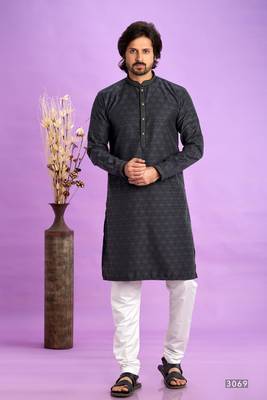 grey black  jaqurtd art soft silk straight kurta churidar without lining fabric for men 1