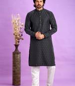 grey black  jaqurtd art soft silk straight kurta churidar without lining fabric for men