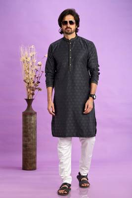 grey black  jaqurtd art soft silk straight kurta churidar without lining fabric for men 2
