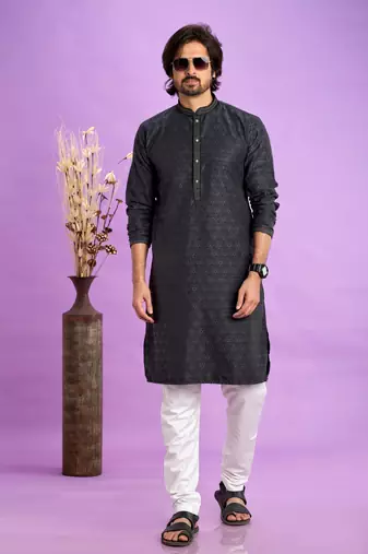 grey black  jaqurtd art soft silk straight kurta churidar without lining fabric for men