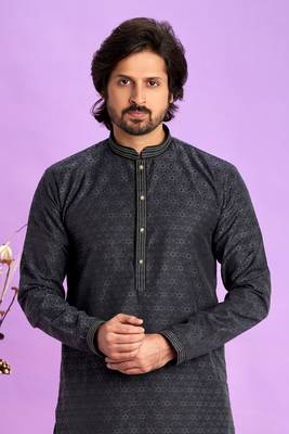 grey black  jaqurtd art soft silk straight kurta churidar without lining fabric for men 3