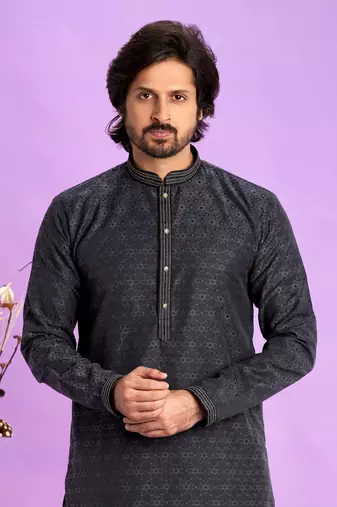 grey black  jaqurtd art soft silk straight kurta churidar without lining fabric for men