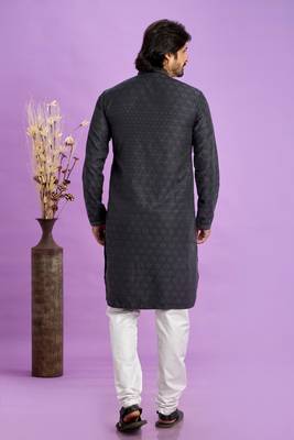 grey black  jaqurtd art soft silk straight kurta churidar without lining fabric for men 4