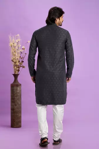 grey black  jaqurtd art soft silk straight kurta churidar without lining fabric for men