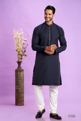 blue  jaqurtd art soft silk straight kurta churidar without lining fabric for men 1