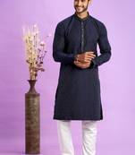 Blue  jaqurtd art soft silk straight kurta without lining fabric for men
