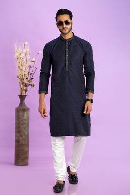 blue  jaqurtd art soft silk straight kurta churidar without lining fabric for men 2