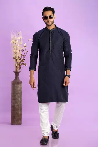 blue  jaqurtd art soft silk straight kurta churidar without lining fabric for men