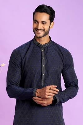 blue  jaqurtd art soft silk straight kurta churidar without lining fabric for men 3