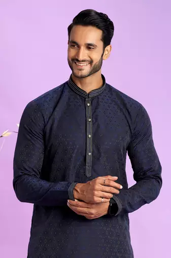 blue  jaqurtd art soft silk straight kurta churidar without lining fabric for men