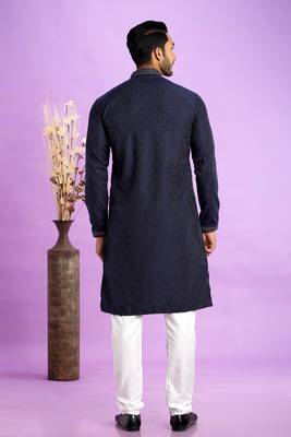 blue  jaqurtd art soft silk straight kurta churidar without lining fabric for men 4