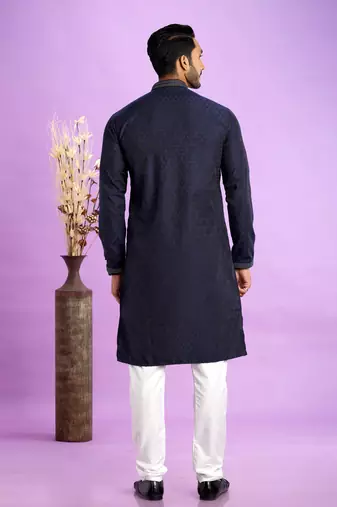 blue  jaqurtd art soft silk straight kurta churidar without lining fabric for men