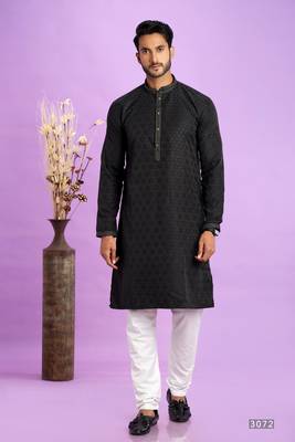 black  jaqurtd art soft silk straight kurta churidar without lining fabric for men 1