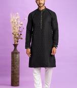 Black  jaqurtd art soft silk straight kurta without lining fabric for men