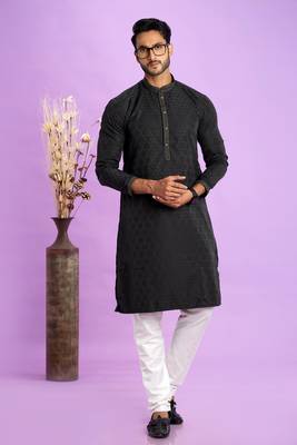 black  jaqurtd art soft silk straight kurta churidar without lining fabric for men 2