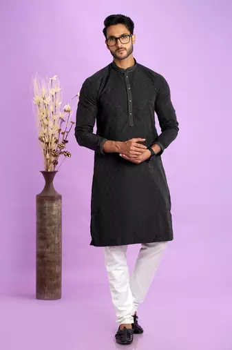 black  jaqurtd art soft silk straight kurta churidar without lining fabric for men
