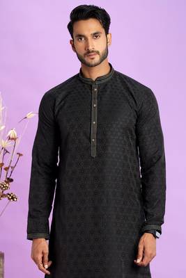 black  jaqurtd art soft silk straight kurta churidar without lining fabric for men 3