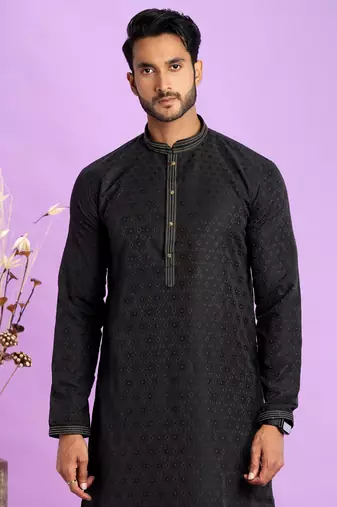 black  jaqurtd art soft silk straight kurta churidar without lining fabric for men