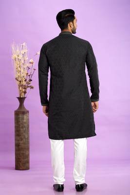 black  jaqurtd art soft silk straight kurta churidar without lining fabric for men 4