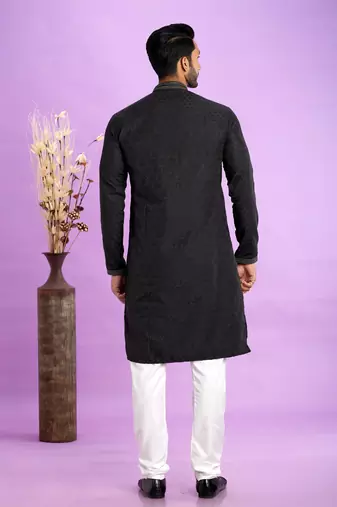 black  jaqurtd art soft silk straight kurta churidar without lining fabric for men