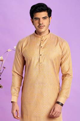 brown  jaqurtd art soft silk straight kurta churidar without lining fabric 3