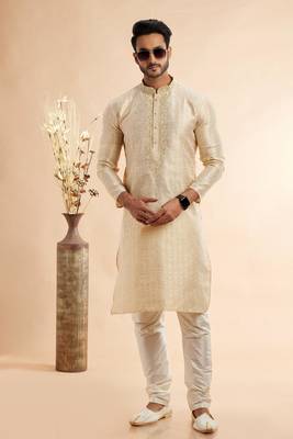 beige jaqurd art silk without lining fabric straight kurta churidar  for men 2