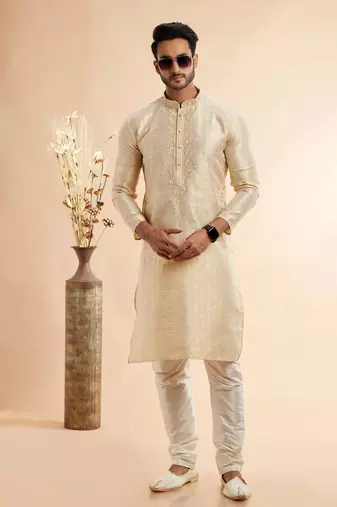 beige jaqurd art silk without lining fabric straight kurta churidar  for men