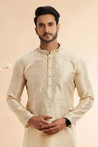beige jaqurd art silk without lining fabric straight kurta churidar  for men