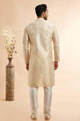 beige jaqurd art silk without lining fabric straight kurta churidar  for men 4