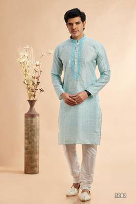 sky blue jaqurd art silk without lining fabric straight kurta churidar for men 1