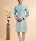 sky blue jaqurd art silk without lining fabric straight kurta churidar for men