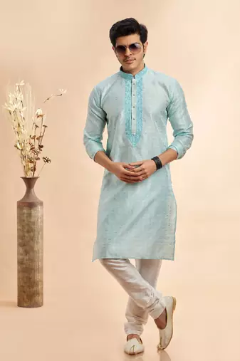 sky blue jaqurd art silk without lining fabric straight kurta churidar for men