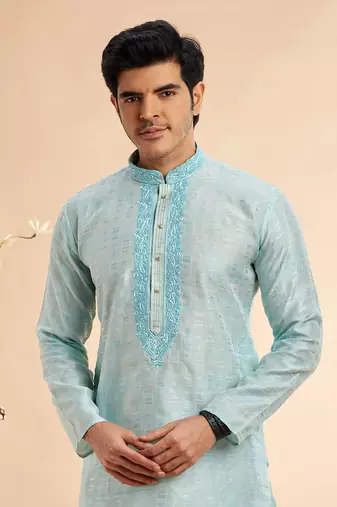 sky blue jaqurd art silk without lining fabric straight kurta churidar for men