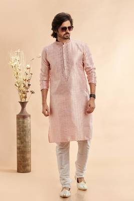 peach jacquard art silk without lining fabric straight kurta churidar 2