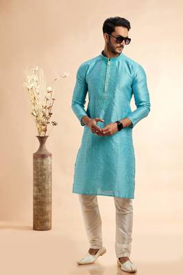 blue jaqurd art silk without lining fabric straight kurta churidar for men 2