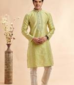 Pista green jaqurd art silk without lining fabric straight kurta for men