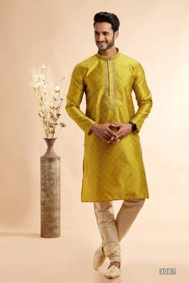 yellow jacqaurd art silk without lining fabric straight kurta churidar 1