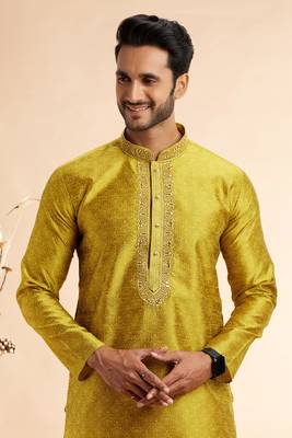 yellow jacqaurd art silk without lining fabric straight kurta churidar 3