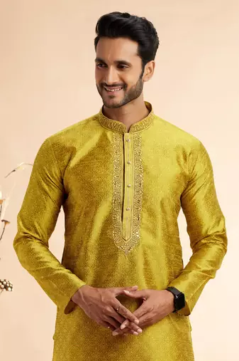 yellow jacqaurd art silk without lining fabric straight kurta churidar