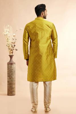 yellow jacqaurd art silk without lining fabric straight kurta churidar 4