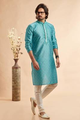 blue jaqurd art silk without lining fabric straight kurta churidar for men 2
