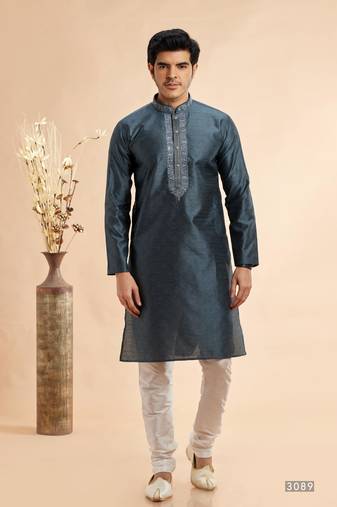 Grey jaqurd art silk without lining fabric straight kurta  for men
