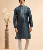 Grey jaqurd art silk without lining fabric straight kurta  for men